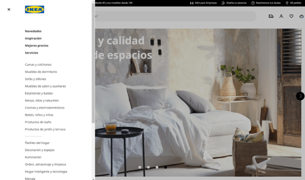 Ejemplo de sistema organizativo priorizado en Ikea.com donde las categorías del menú principal se muestran según ventas.
