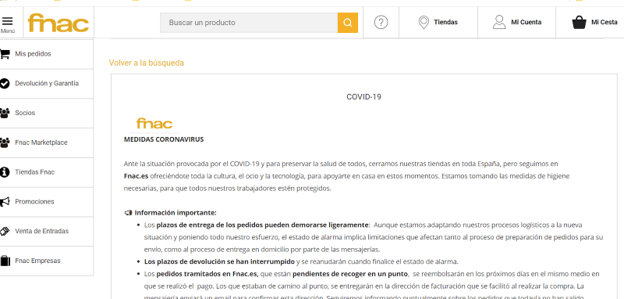 Fnac incluye información sobre cómo afecta la situación a los plazos de envío y devoluciones.