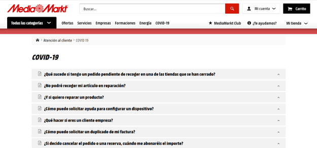 La web de Media Markt cuenta con una página de FAQs sobre el COVID-19, que incluye todo tipo de información sobre pedidos y cambios en la política de devolución, reparaciones, etc.