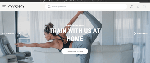 La home de Oysho presenta un horario completo de actividades con las que mantener a sus clientes pendientes de su web.