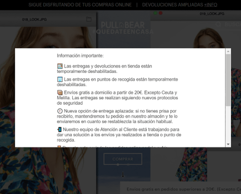 Pull and Bear ha creado un pop-up desde la parte superior de su home para informar de las medidas excepcionales realizadas por el COVID-19.