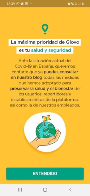 Glovo ha creado un nuevo onboarding explicando las medidas de seguridad aplicadas para los envíos.