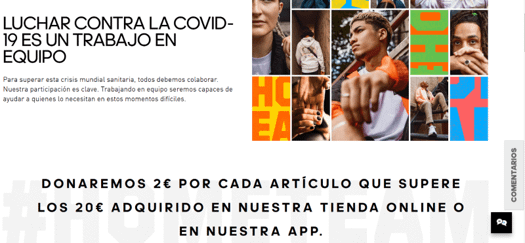 La homepage de Adidas muestra su campaña solidaria en primer plano para mayor visibilidad.