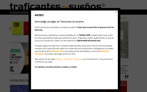 Aviso en la web de Traficantes de Sueños durante el estado de emergencia.