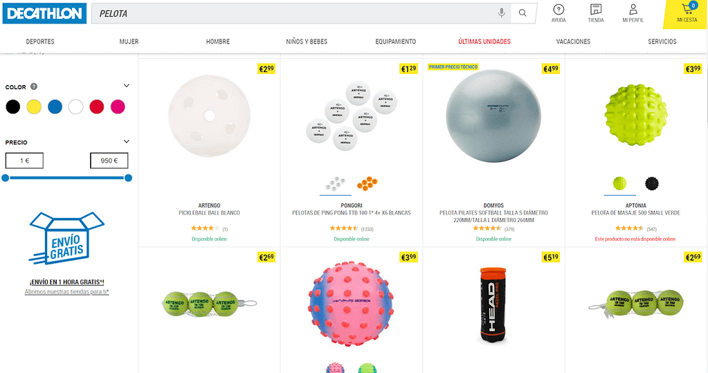 Ejemplo de cómo la palabra “pelota” usada en diferentes contextos puede referirse a distintos productos en Decathlon.com