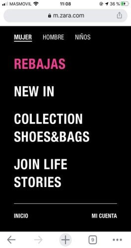 En el menú de Zara.com vemos varios téminos que podrían resultar confusos para los usuarios como “Collection”, “Join Life” y “Stories”.
