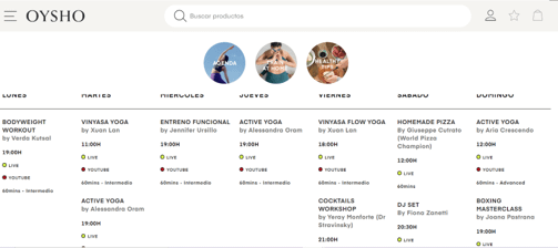 La home de Oysho presenta un horario completo de actividades con las que mantener a sus clientes pendientes de su web.